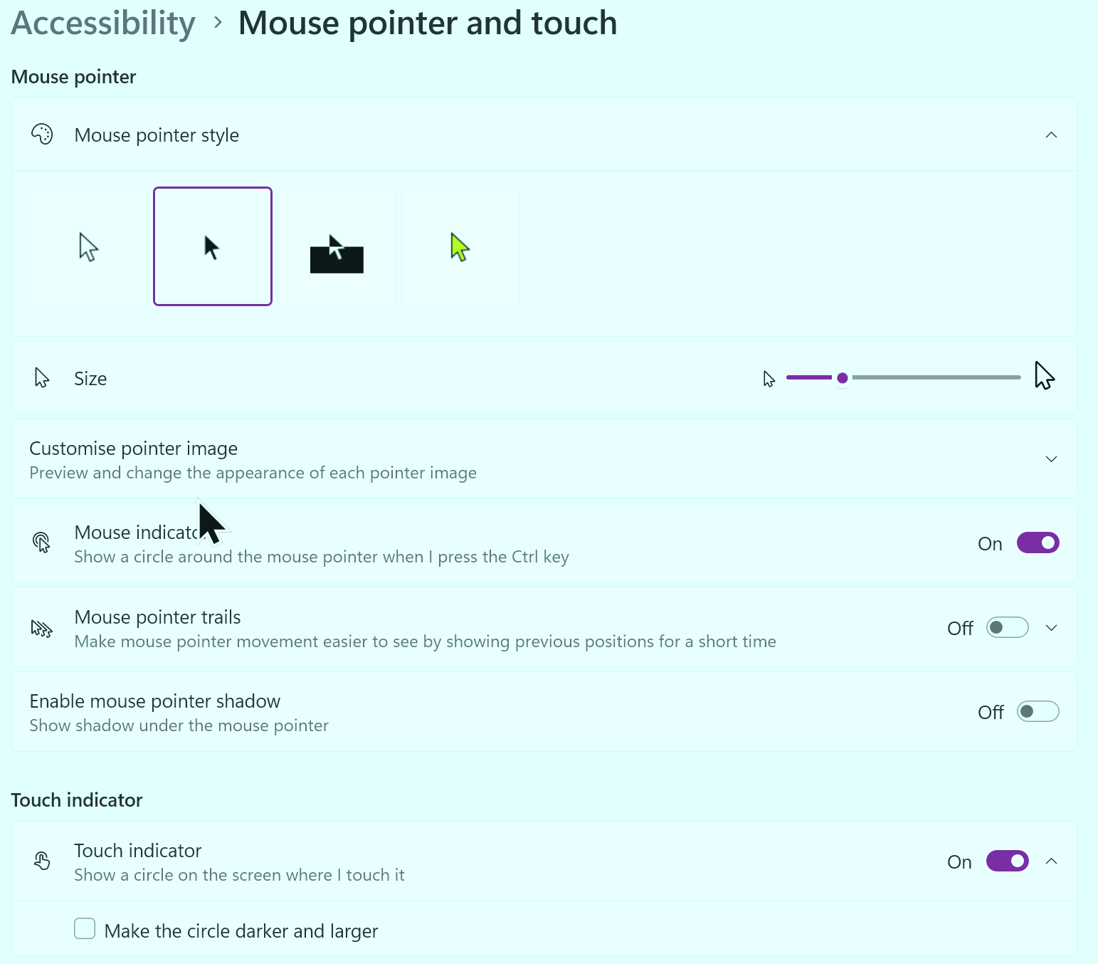 Windows mouse pointer settings